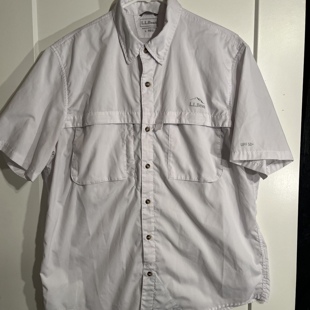 L.L.Bean Tropicwear Men’s Vented Fishing Shirt White Button Up Size Large UPF 50